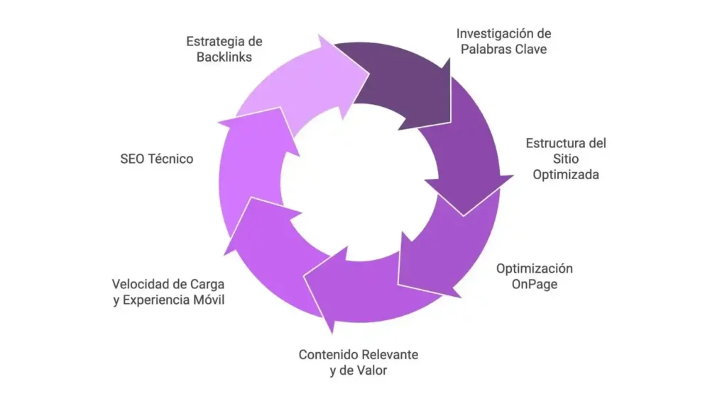 Ecommerce: How to build an online store with technology, user experience and artificial intelligence Ciclo de optimización SEO para ecommerce con elementos como investigación de palabras clave, estructura del sitio optimizada, contenido relevante y estrategia de backlinks.