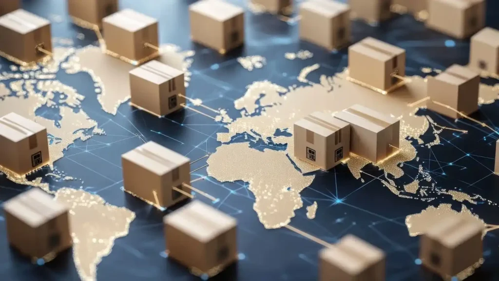 Ecommerce: How to build an online store with technology, user experience and artificial intelligence Mapa del mundo con cajas de envío en 3D, representando la logística y distribución en el comercio electrónico.