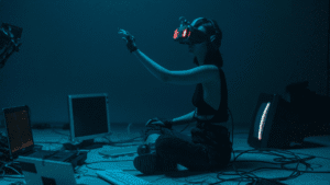 Artificial intelligence specialist analyzing SEO and digital marketing data in advanced technological setup - Keycode Agencia Digital