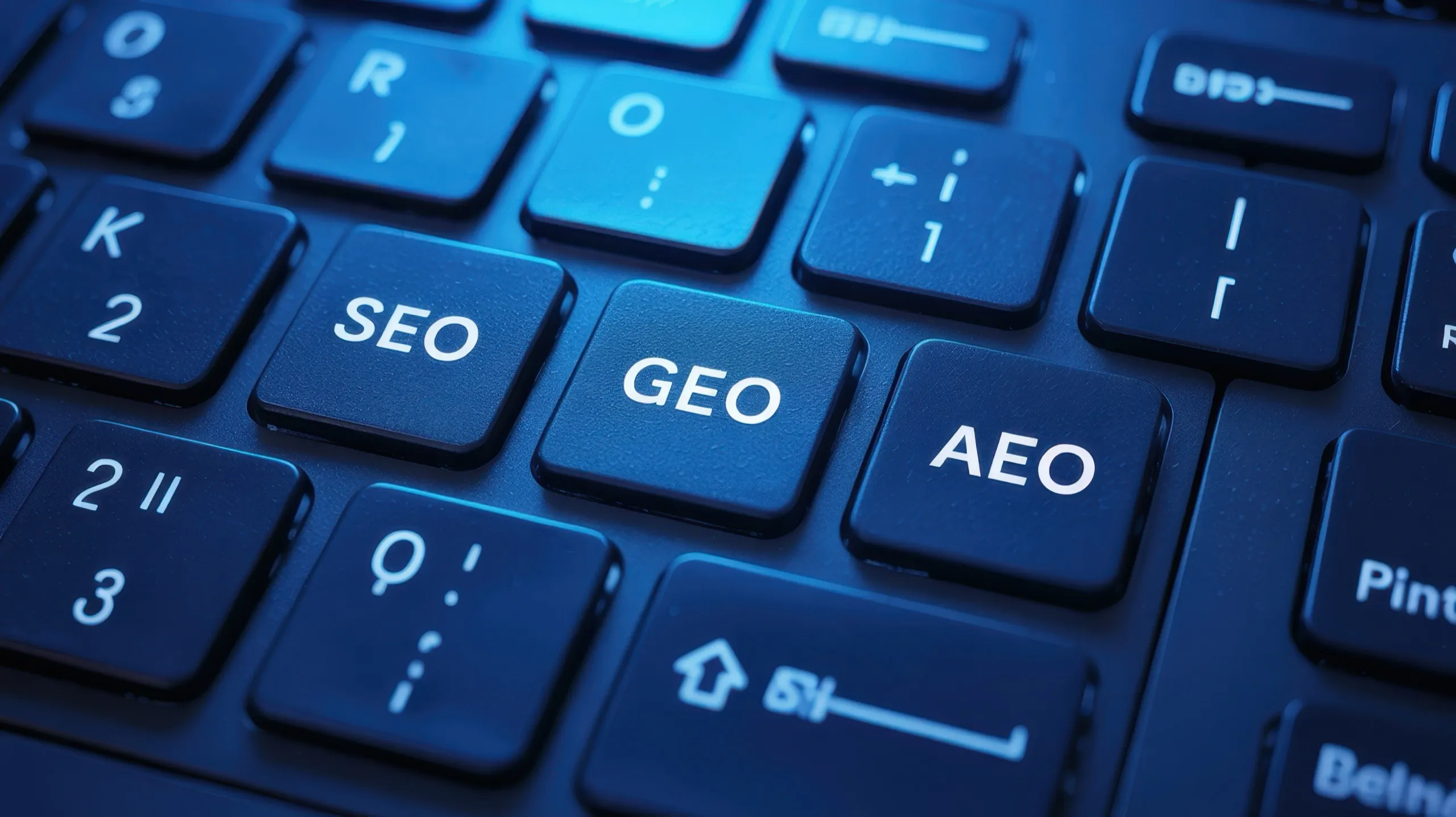 Teclado con las teclas SEO, GEO y AEO resaltadas
